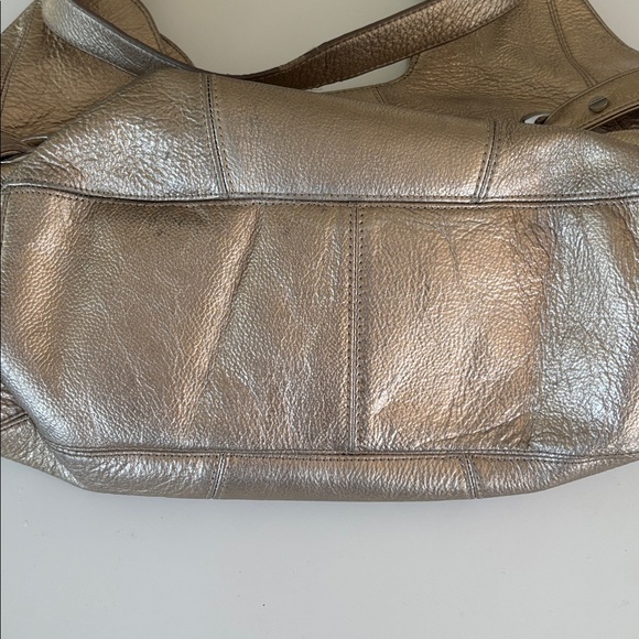 BODHI BRAND GOLD METALLIC LEATHER SHOULDER BAG SILVER HARDWARE WITH SILVER STUDS